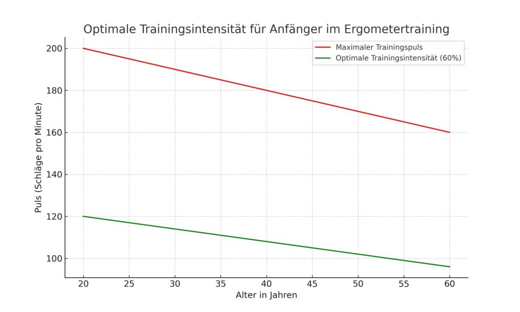 Das Diagramm zeigt die optimale Trainingsintensität für Ergometer-Anfänger: Maximaler Puls und empfohlene 60% Intensität nach Alter.