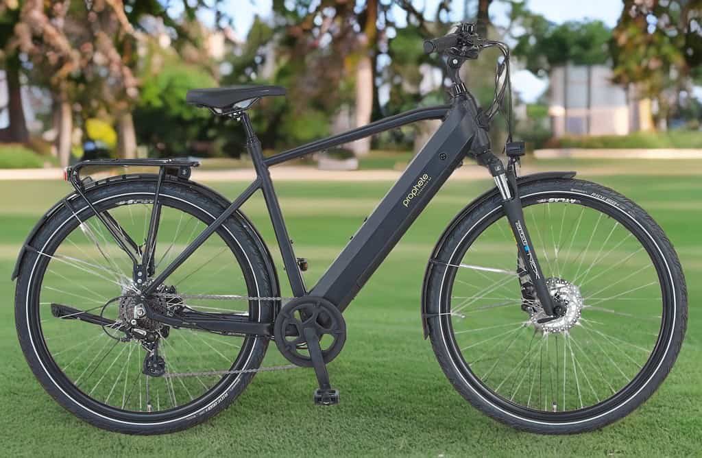 Prophete Entdecker 2.0 Trekking E-Bike Test - komplette Seitenansicht mit Vollausstattung, hydraulischen Scheibenbremsen und integriertem Akku