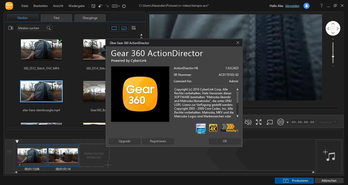 Die Desktop-Software Gear 360 ActionDirector von Cyberlink