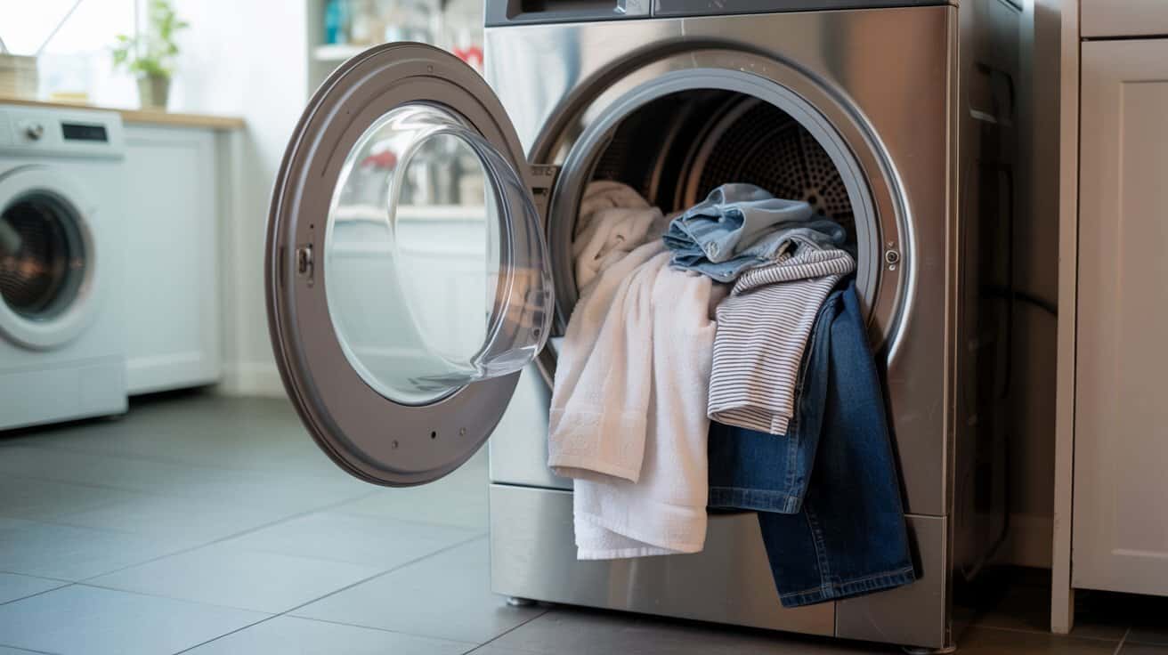 Geöffneter Trockner mit rosa Handtuch und Jeans in Waschküche