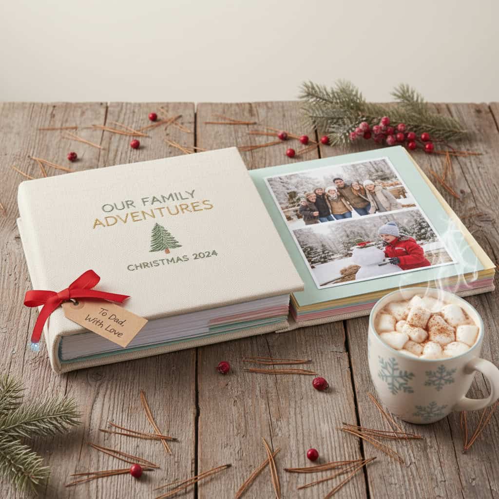 Personalisiertes Fotobuch Christmas 2024 mit Familienfotos auf Holztisch mit Weihnachtsdekoration